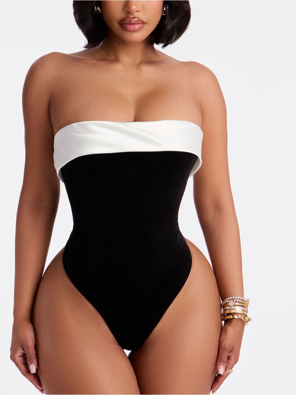 New Black and White Strapless Velvet Bodysuit